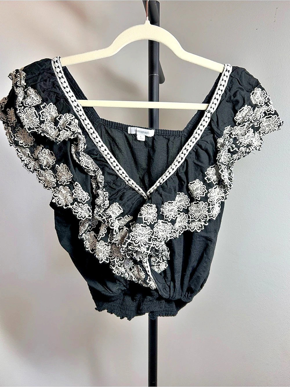 monograph Floral Embroidered Blouse in Black & White Large